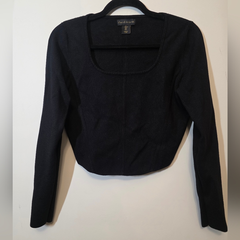 House Of Harlow - Black Square Neck Long Sleeve Cropped And Ribbed Top - Size L